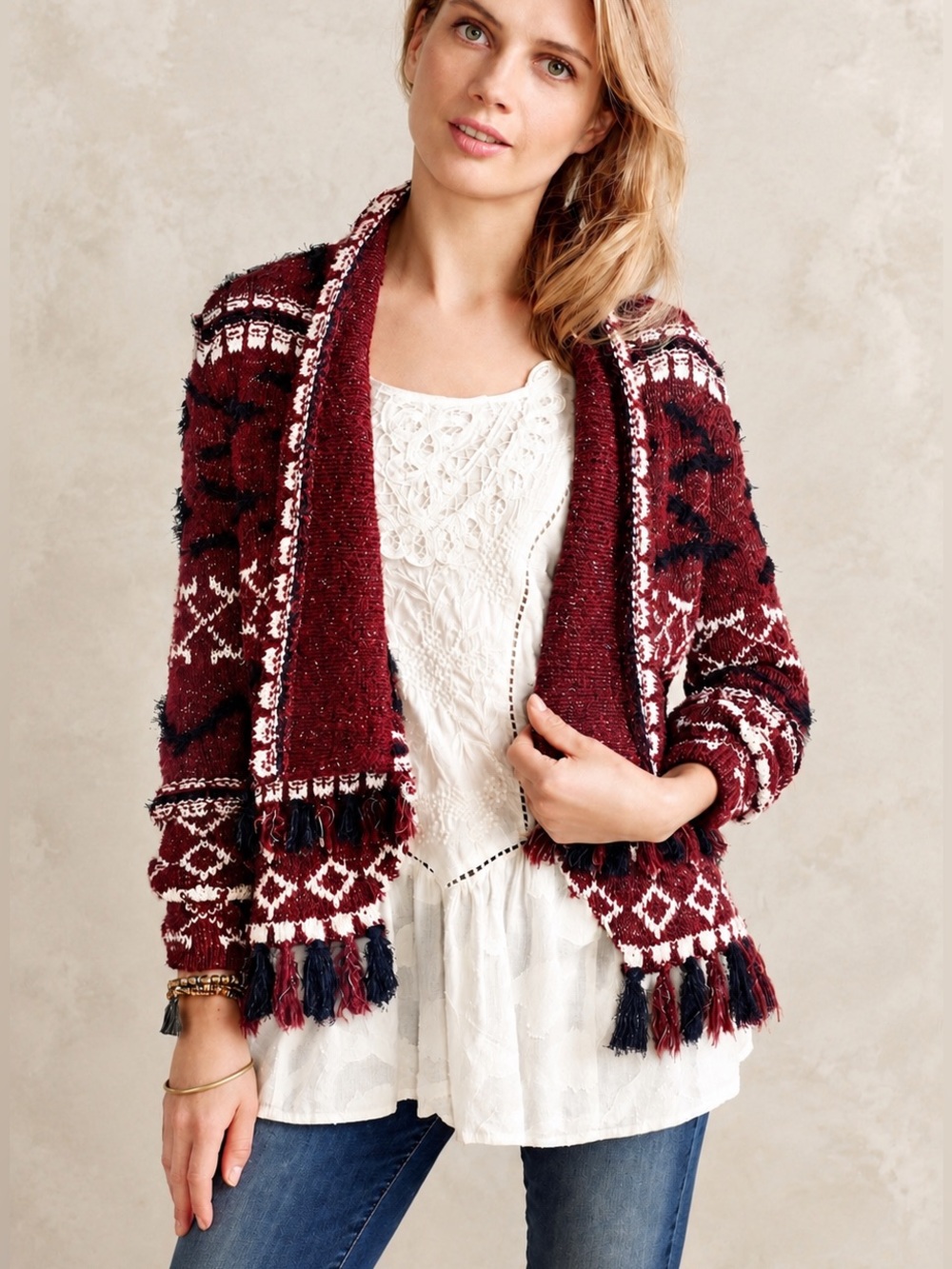 Anthropologie Moth NWT Veras Tribal Aztec Open Cardigan Boho Cotton Wool Size S